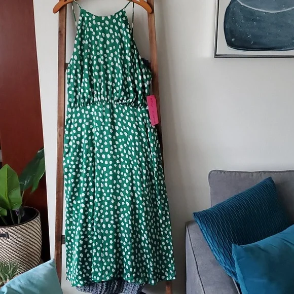 Betsey Johnson Womens Satin Dot Print Midi Dress Green 14